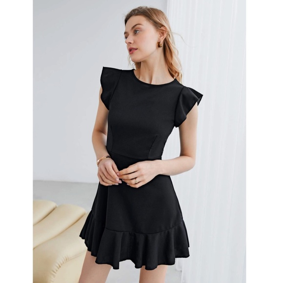Black Ruffle Trim Short Dress - Picture 2 of 8